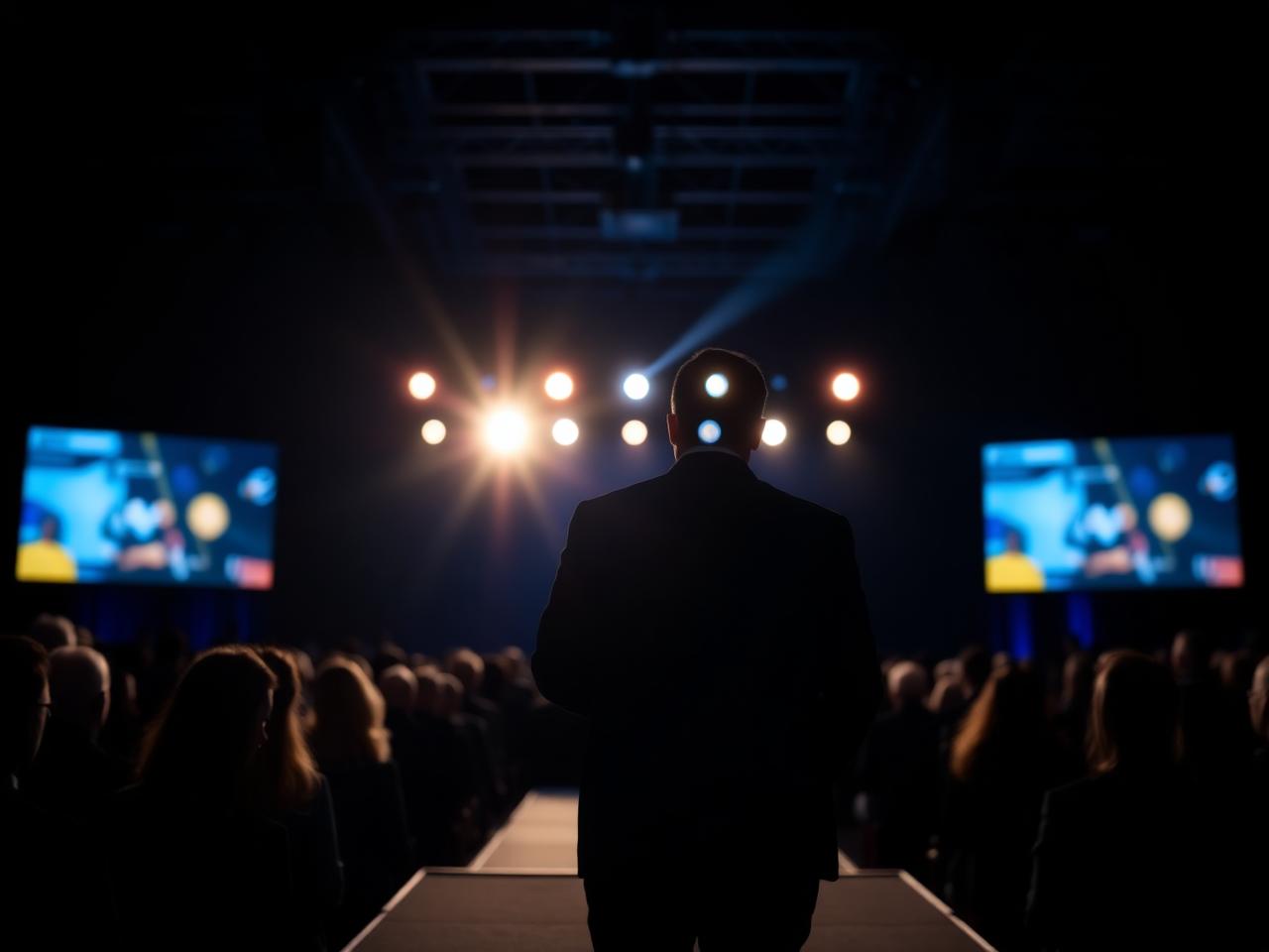 Speaker on stage in front of a corporate audience